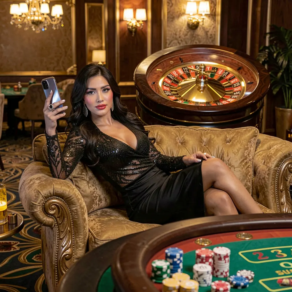Elegant casino atmosphere with a luxury sofa and roulette background showcasing a Filipino woman using the WORLDCUPLUCKY mobile casino app