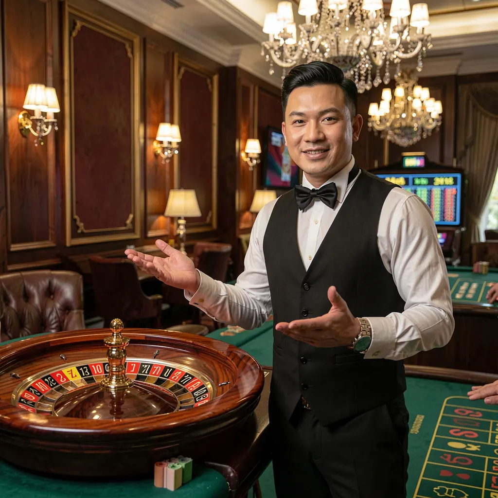 WORLDCUPLUCKY – Discover immersive live casino action in the Philippines Elegant casino dealer presenting a roulette table in a luxury gaming hall, highlighting the immersive live casino experience at WORLDCUPLUCKY for players in the Philippines