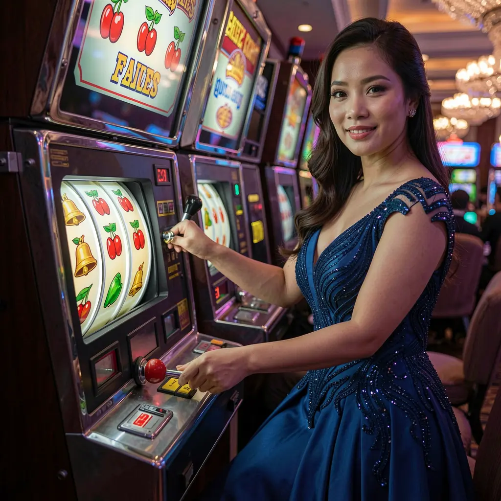 WORLDCUPLUCKY Slots – Experience premium slot gaming for players in the Philippines Stylish Filipino woman in a glamorous evening dress playing a glowing slot machine in a luxury casino atmosphere at WORLDCUPLUCKY